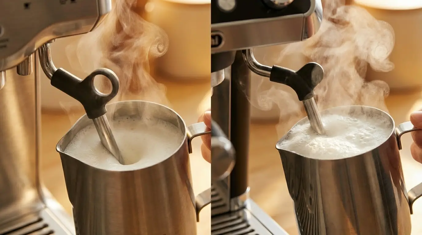 Split action photo of Breville steam wand creating microfoam vs DeLonghi steam wand frothing milk