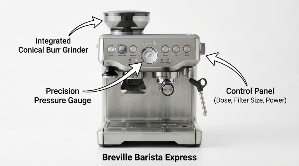 Breville Barista Express with feature annotations