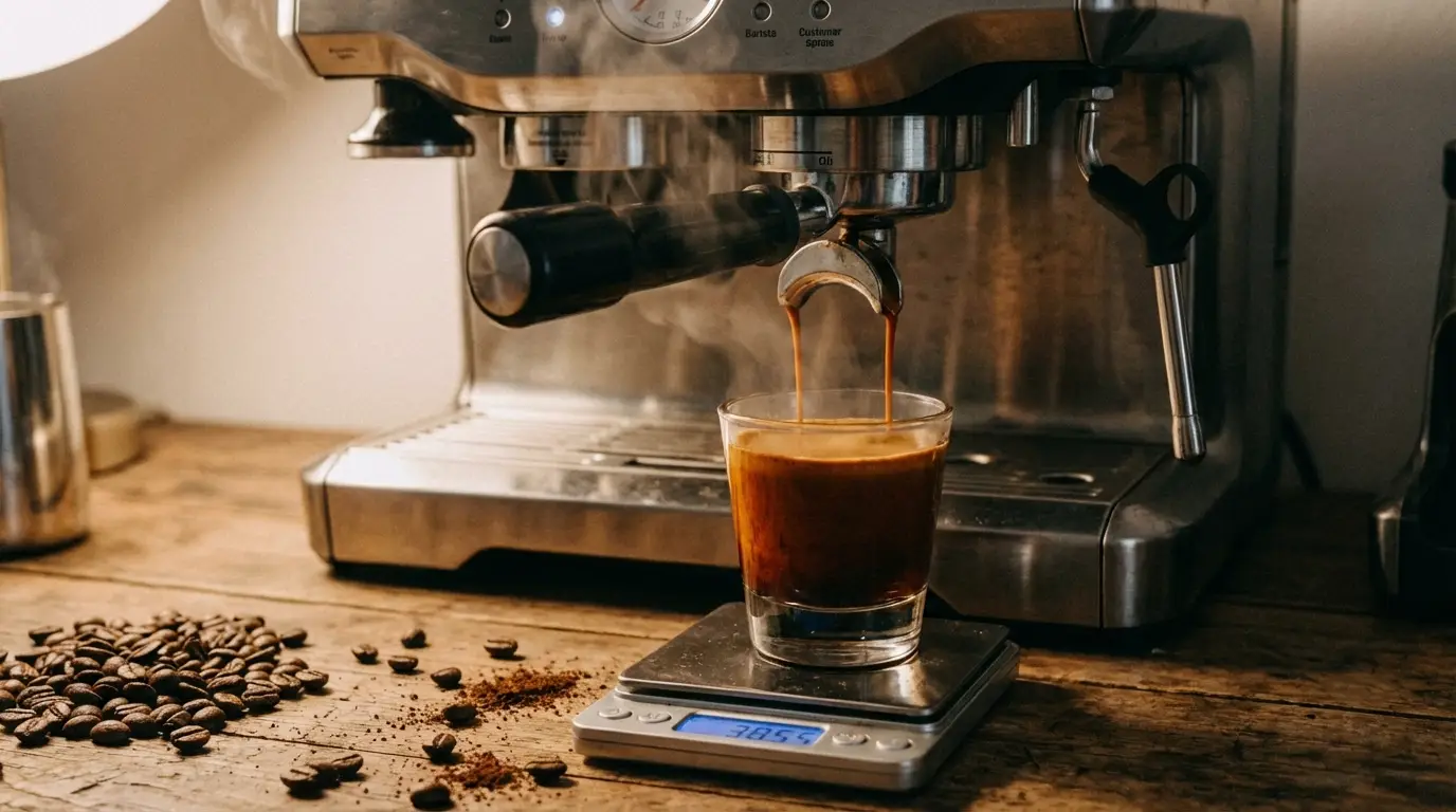 Dark roast espresso being pulled on Breville with thick syrupy flow into a clear glass on a digital scale