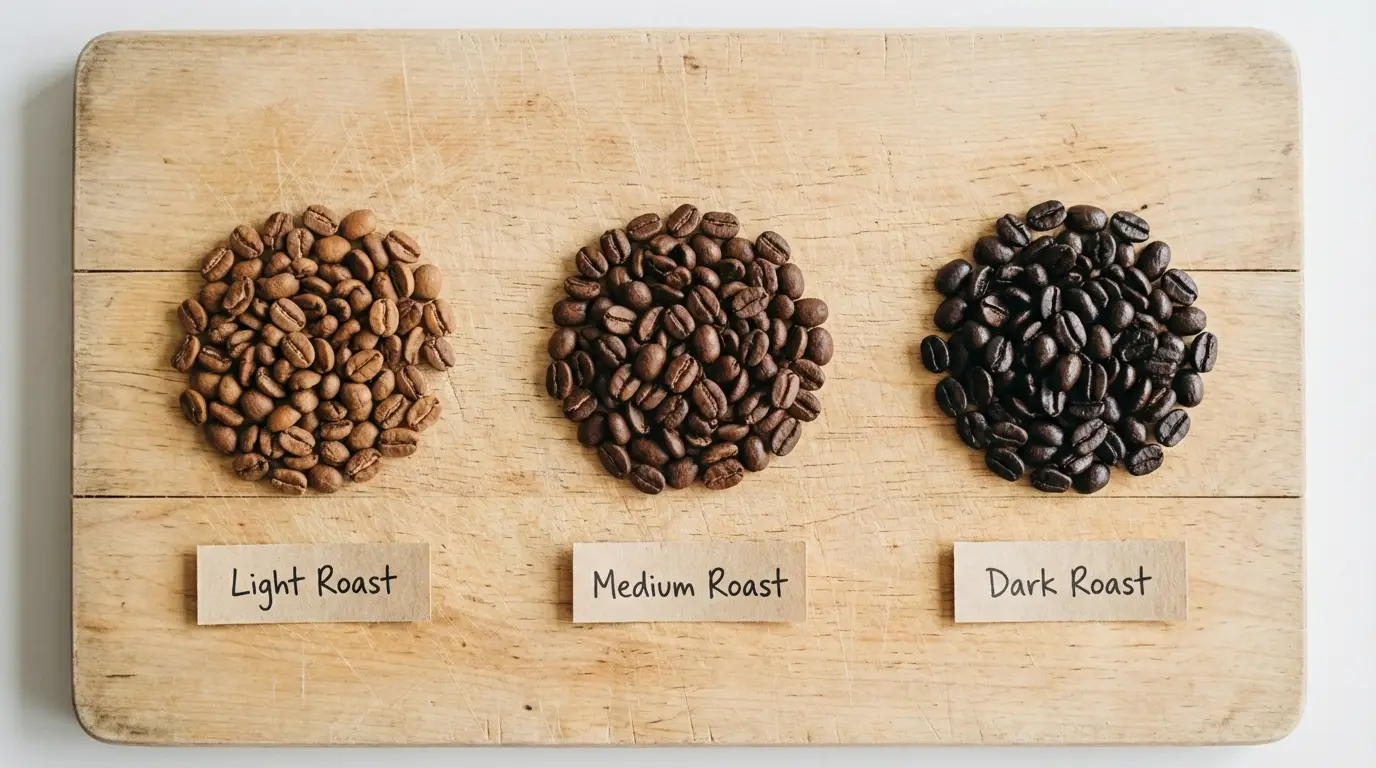 Three piles of coffee beans showing light, medium, and dark roast levels side by side
