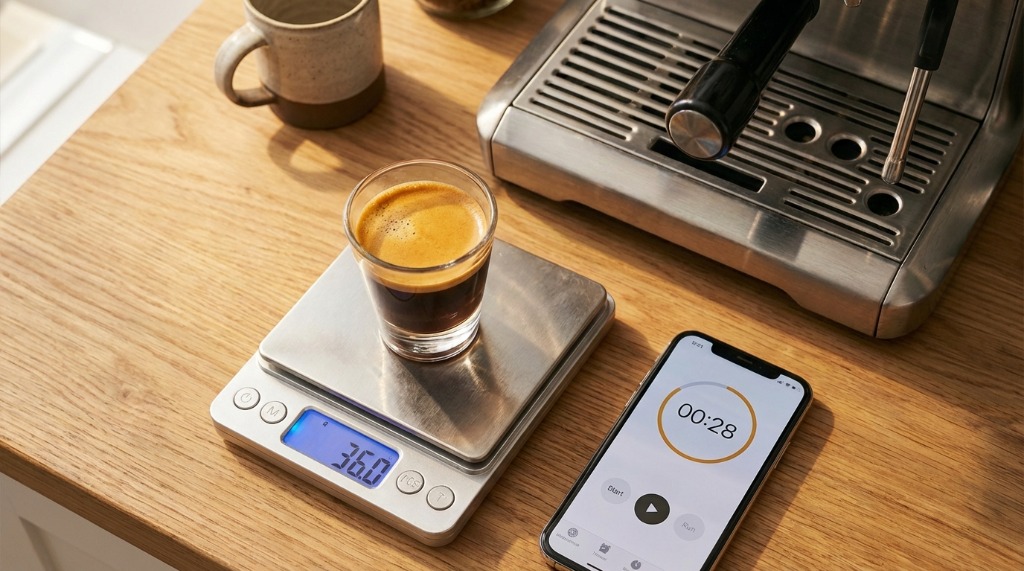 Weighing final espresso output on scale