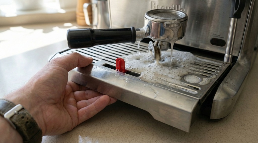 Water and foam draining into drip tray after backflushing