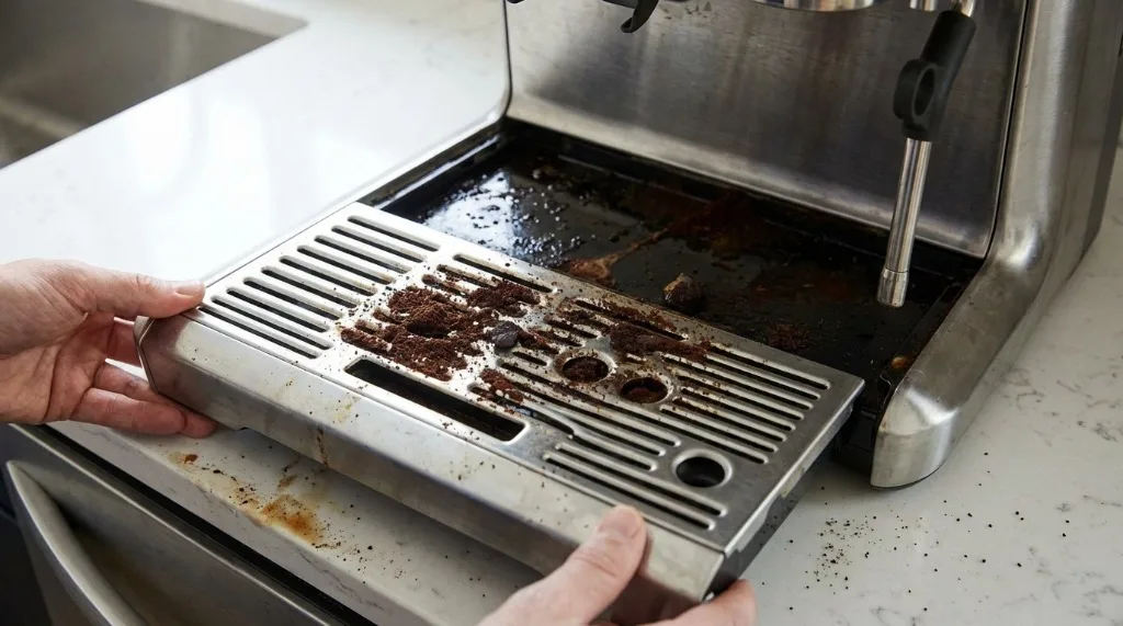 Dirty drip tray with coffee stains and residue