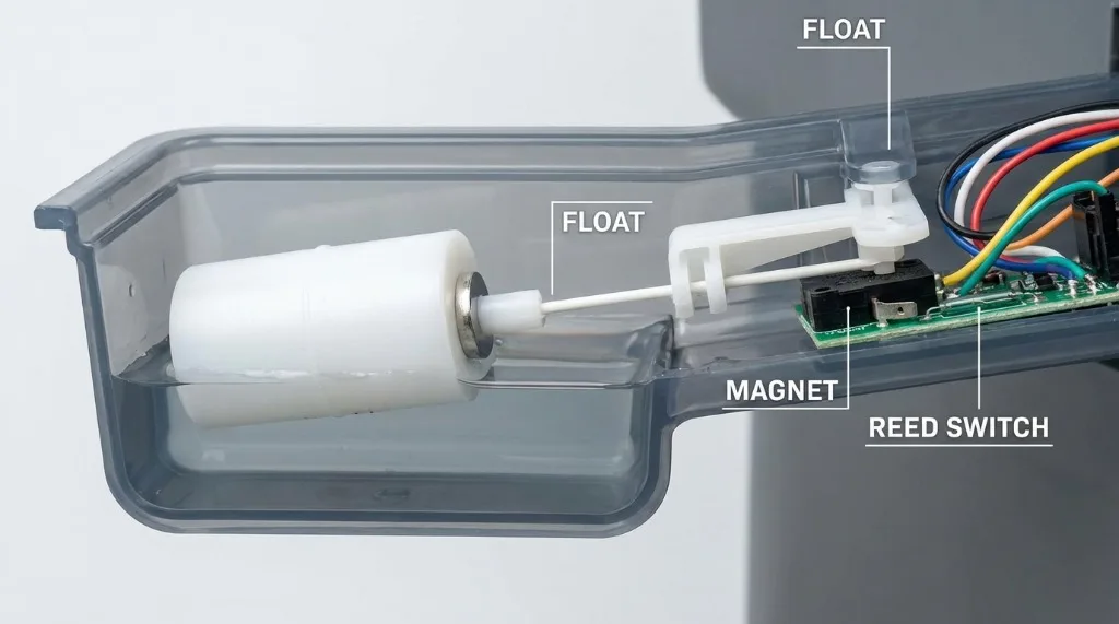 Float sensor mechanism showing float, magnet and reed switch