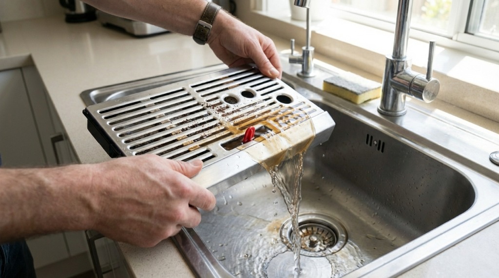 Emptying and cleaning the Breville drip tray in a sink