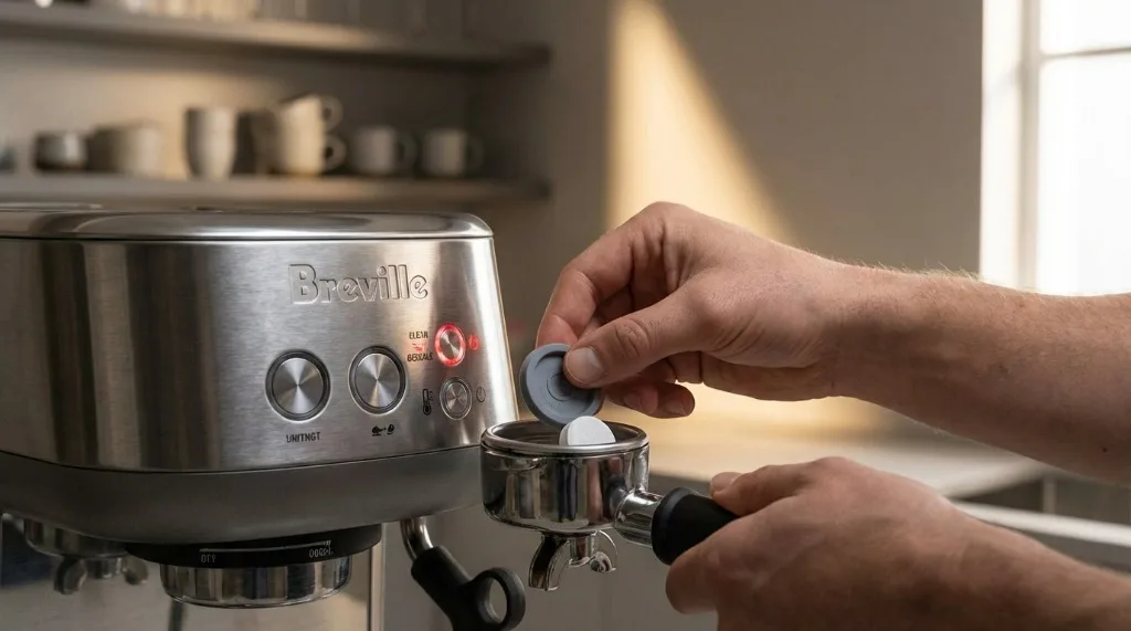 Inserting a cleaning tablet into the portafilter