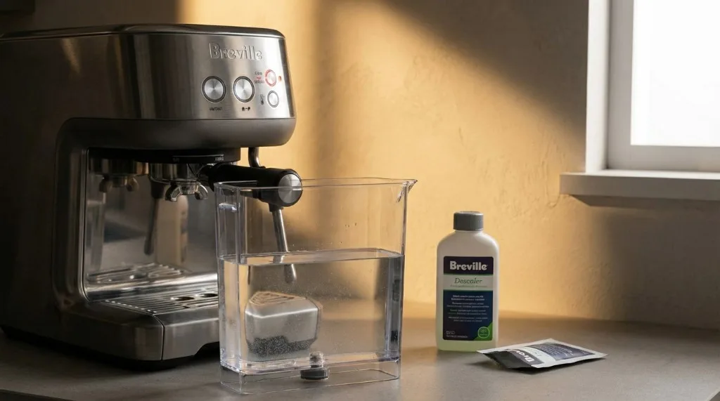 Breville descaling setup with water tank and descaler