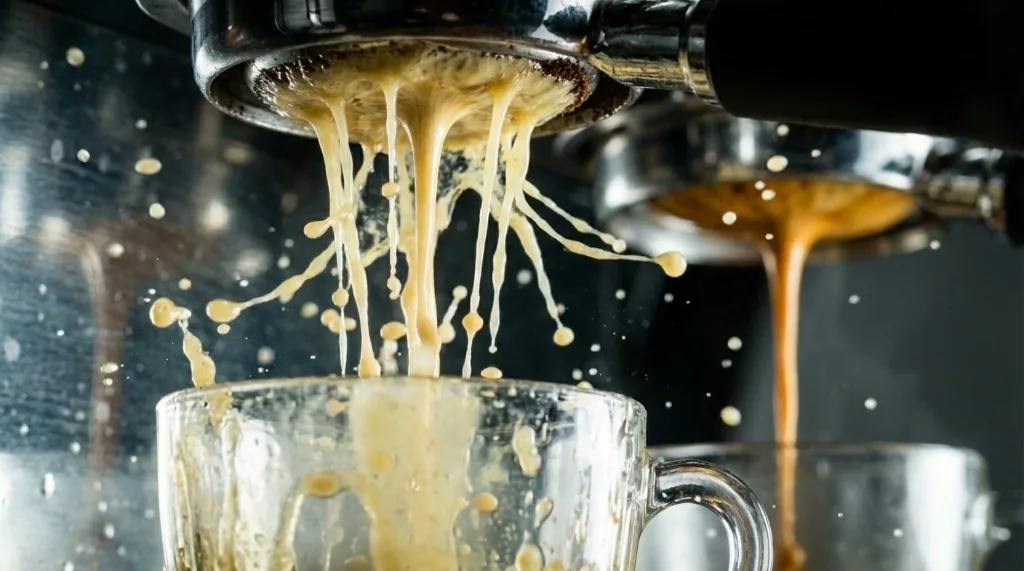 Espresso spraying from a bottomless portafilter due to channeling