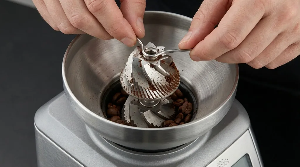 Hand lifting upper conical burr out of Breville grinder