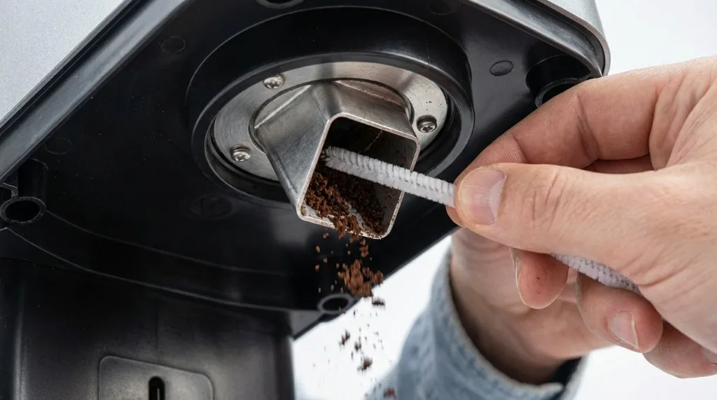 Cleaning the grinder exit chute with a pipe cleaner