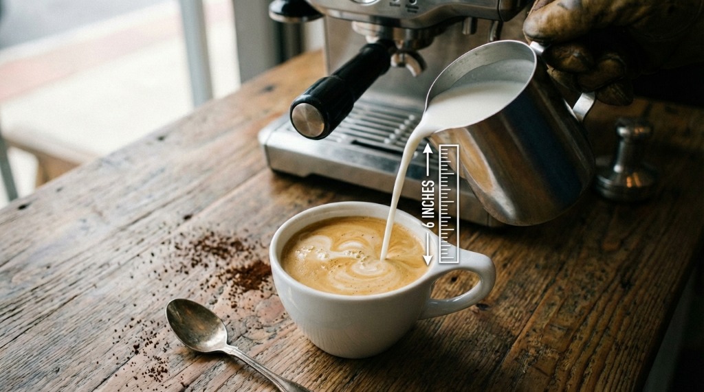 Pitcher positioned high above cup for initial pour