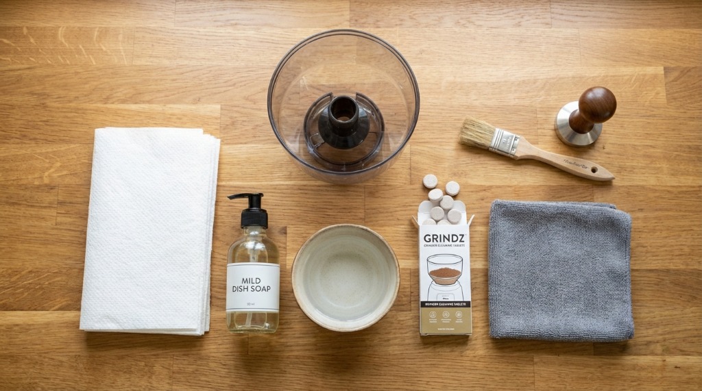 Hopper cleaning supplies flat-lay