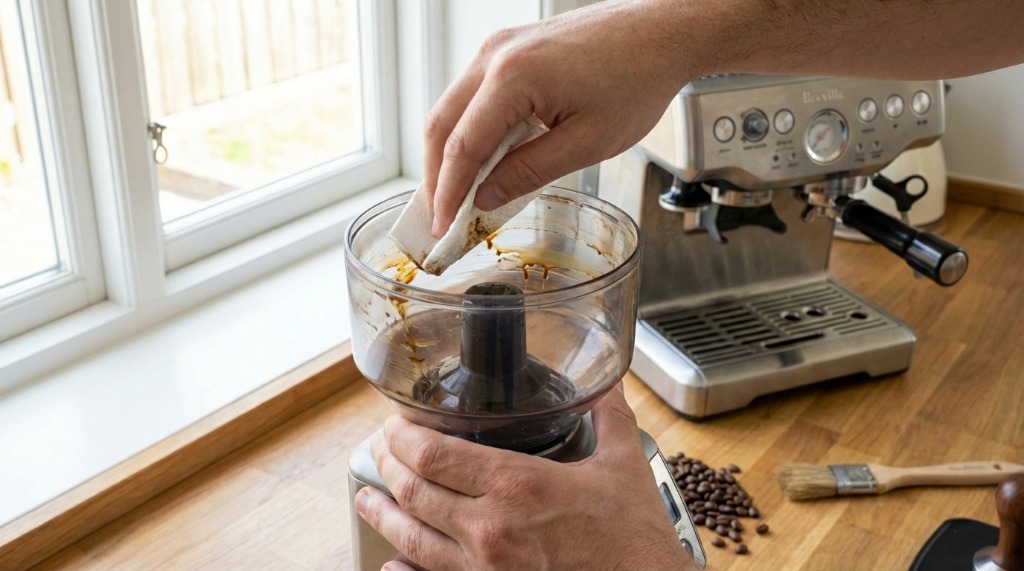Hand wiping inside of bean hopper with paper towel