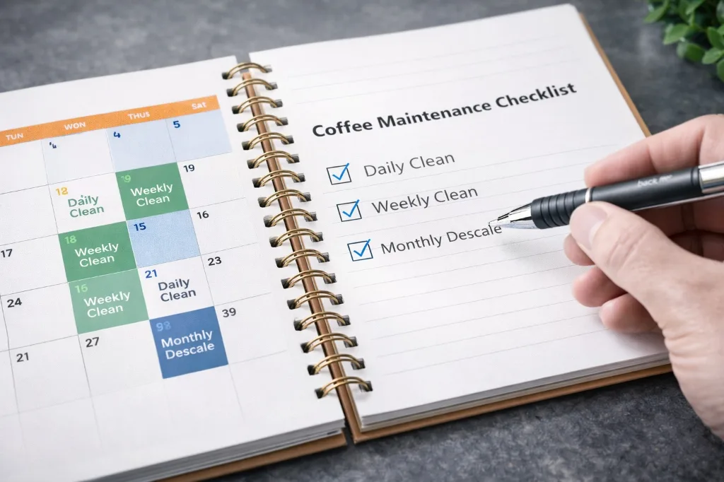 Coffee maintenance calendar and checklist