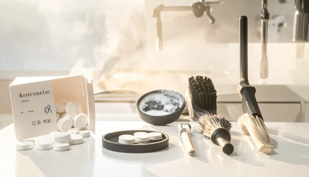 Weekly deep cleaning supplies: tablets, brushes, and cleaning disc