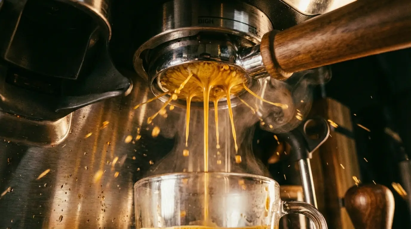 Espresso extraction through naked portafilter showing visible channeling with uneven spraying streams