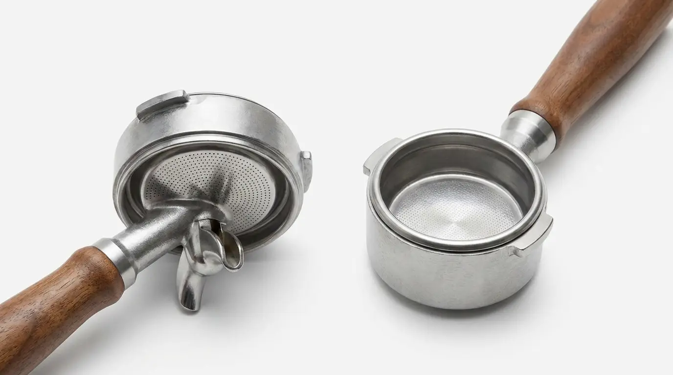 Standard Breville spouted portafilter next to a 54mm naked bottomless portafilter viewed from below