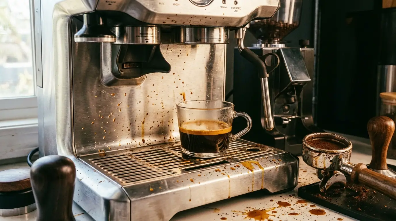 Messy espresso station after a naked portafilter extraction showing splashes on the counter