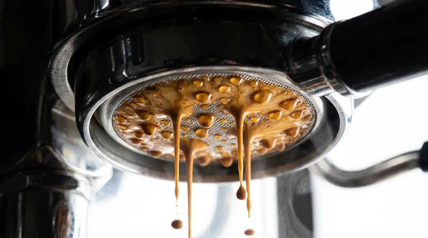 Close-up view from below of a naked portafilter mid-extraction showing espresso forming on the basket surface
