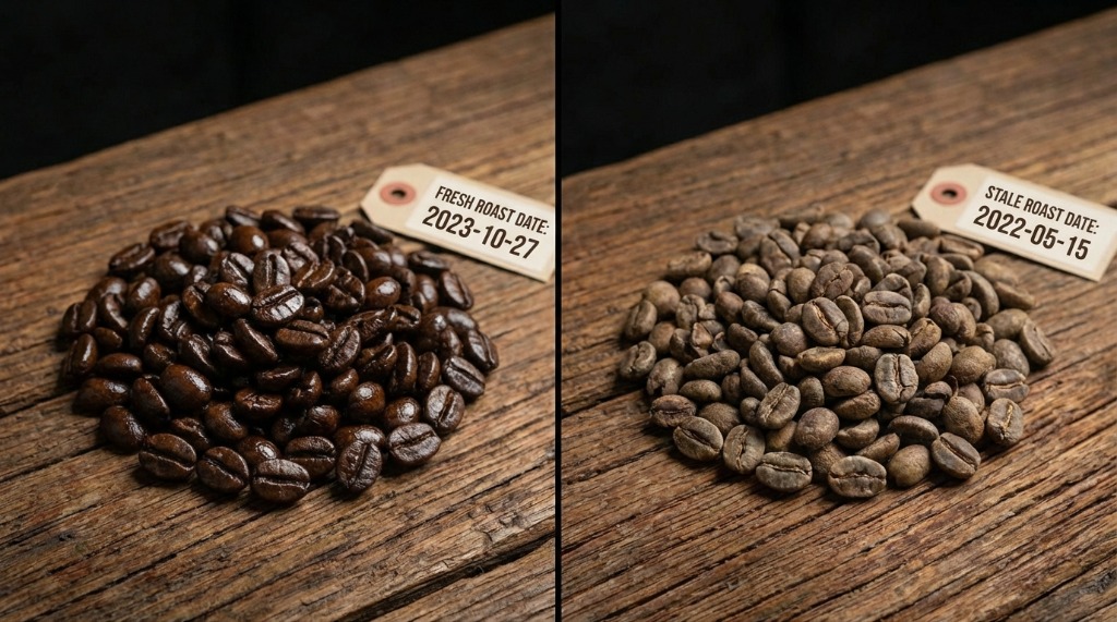 Fresh vs stale coffee beans comparison with roast dates