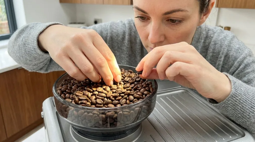 Person inspecting coffee beans in the grinder hopper