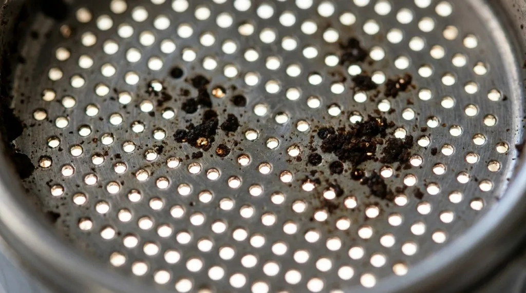 Close-up of basket holes with coffee residue blocking some holes