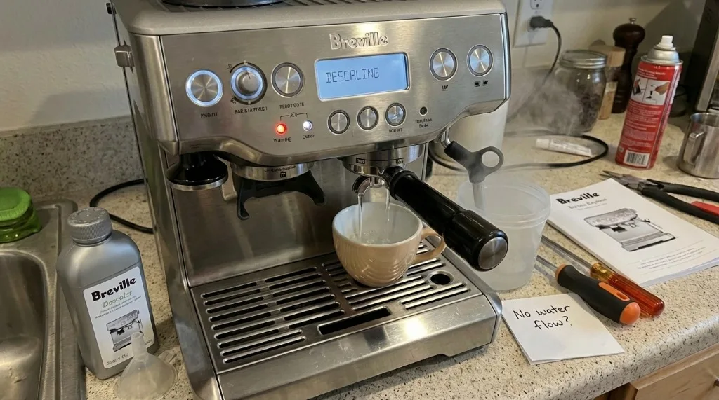 Breville machine in descaling mode with descaler bottle nearby