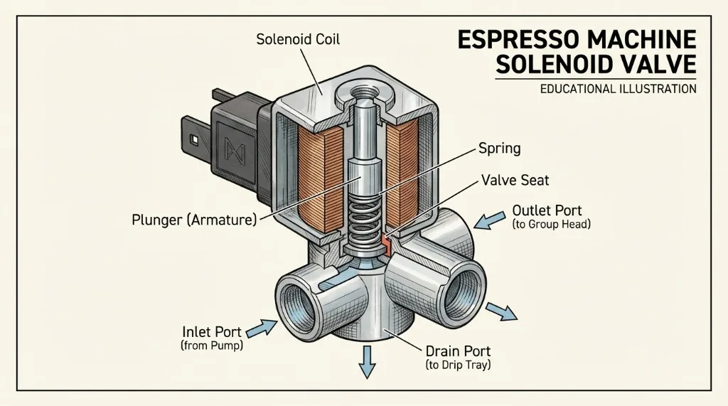Educational illustration of an espresso machine solenoid valve components