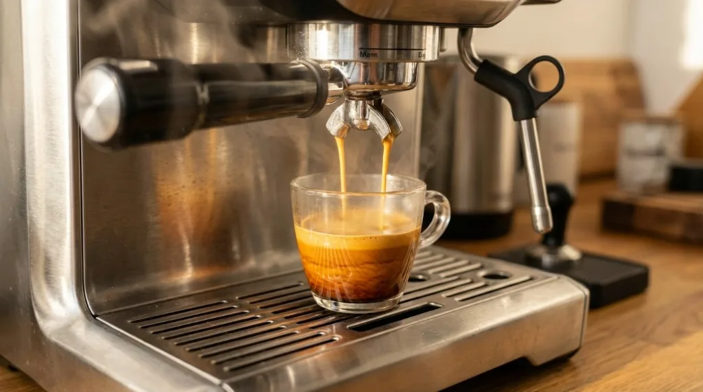 Perfect espresso shot being pulled after calibration