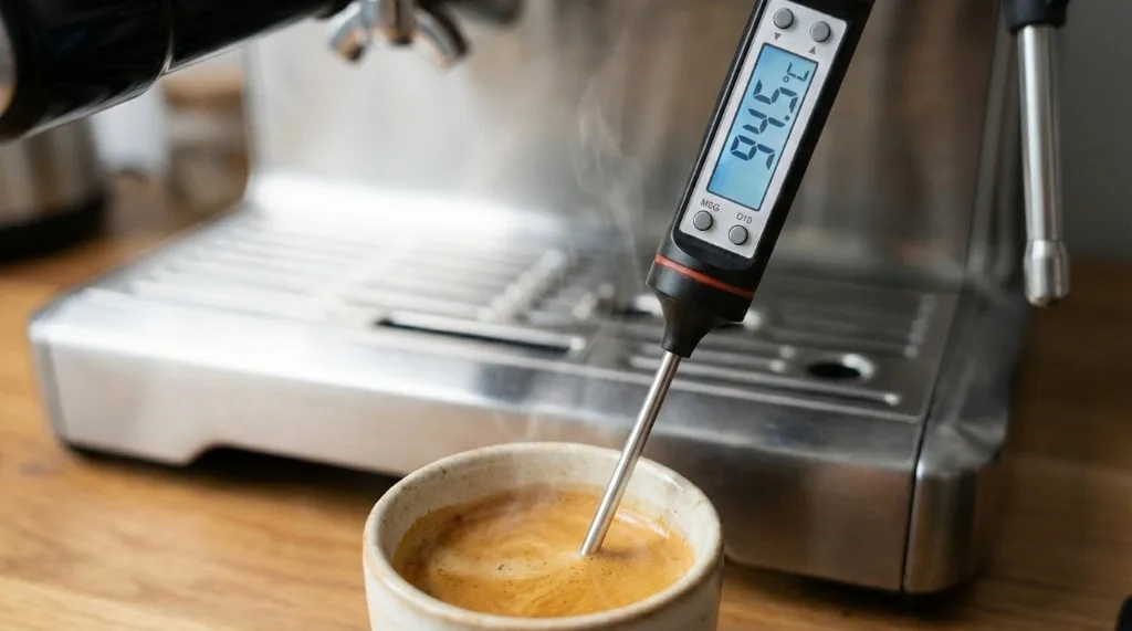 Digital thermometer probe in a cup of espresso