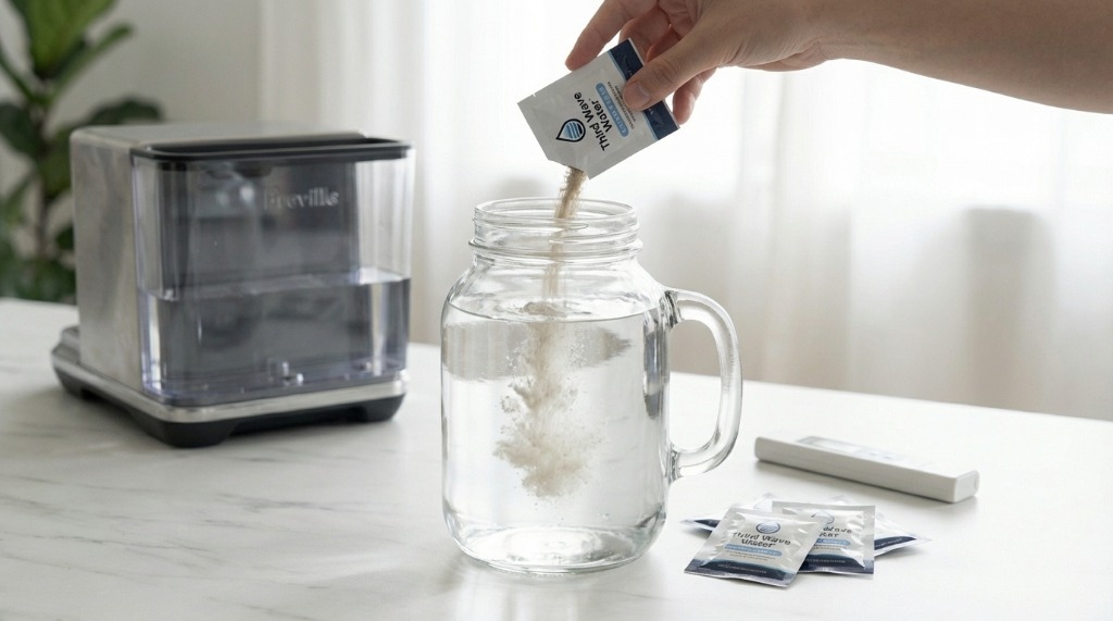 Pouring mineral packet into distilled water jug