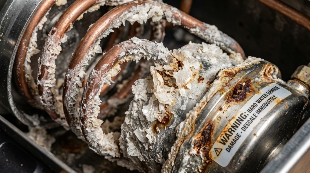 Severe calcium scale buildup on espresso machine heating element