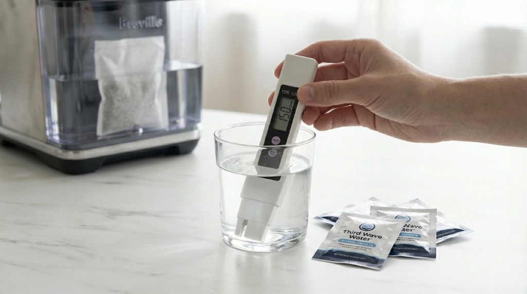 Hand holding TDS meter in glass of water showing reading
