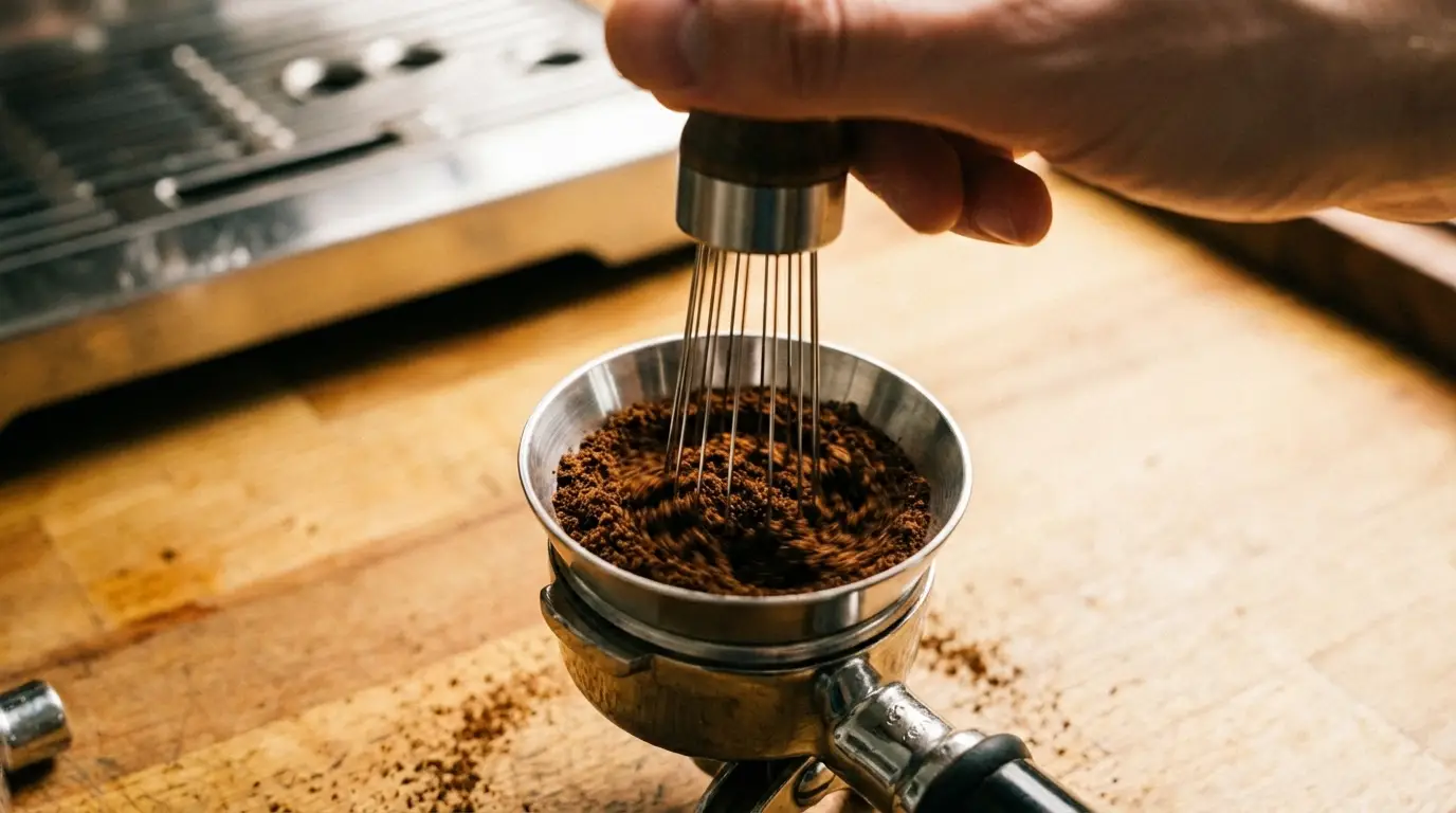 Hand using a WDT tool to stir espresso grounds inside a portafilter with dosing funnel