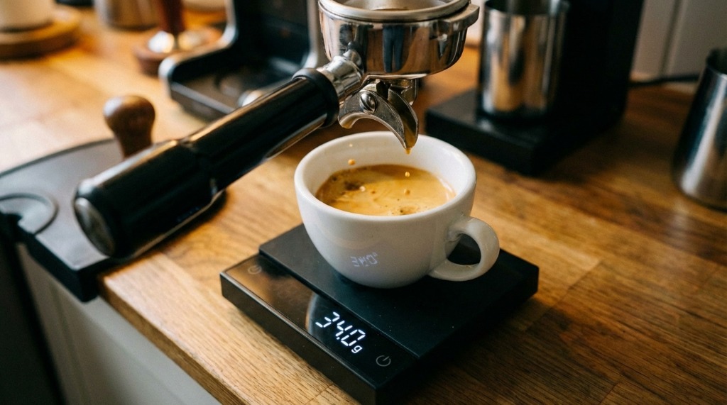 Espresso cup on scale showing afterdrip at 34g