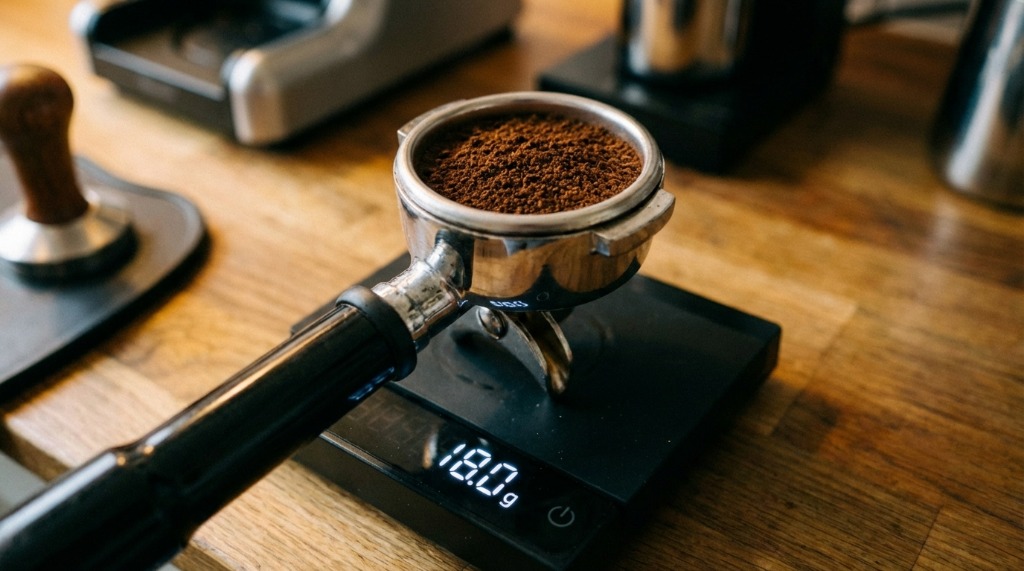 Portafilter on scale showing 18g dose
