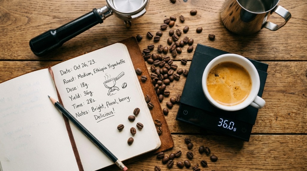 Coffee brewing log notebook with espresso recipe notes