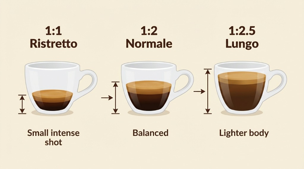 Espresso brew ratio chart showing ristretto, normale, and lungo