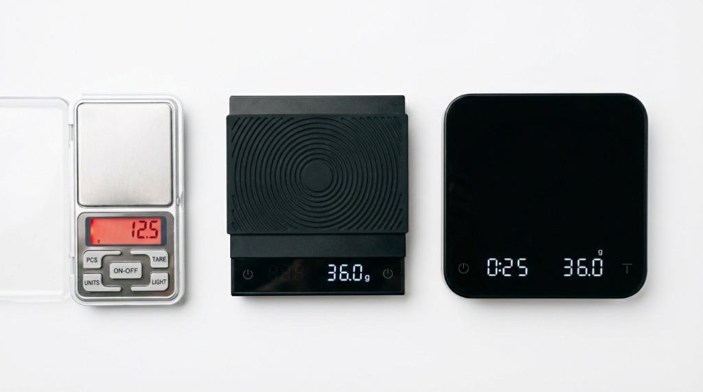 Comparison of three coffee scales - budget, mid-range, and premium